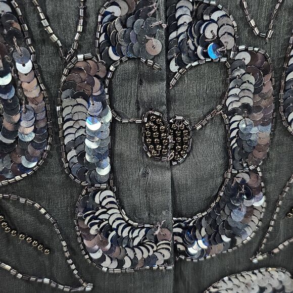 PAPELL Boutique Evening Navy Sequin Beaded Silk Scalloped Hem Blouse Top Size M - Picture 4 of 12